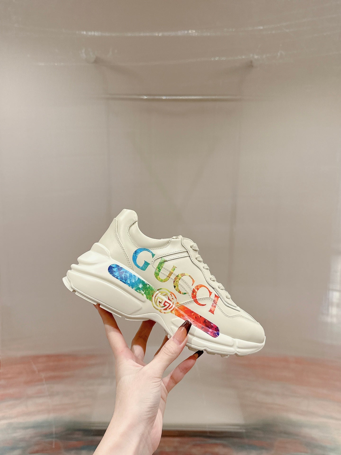 GUCCI RHYTON TRAINER WHITE CALFSKIN WITH MULTI PATTERNS