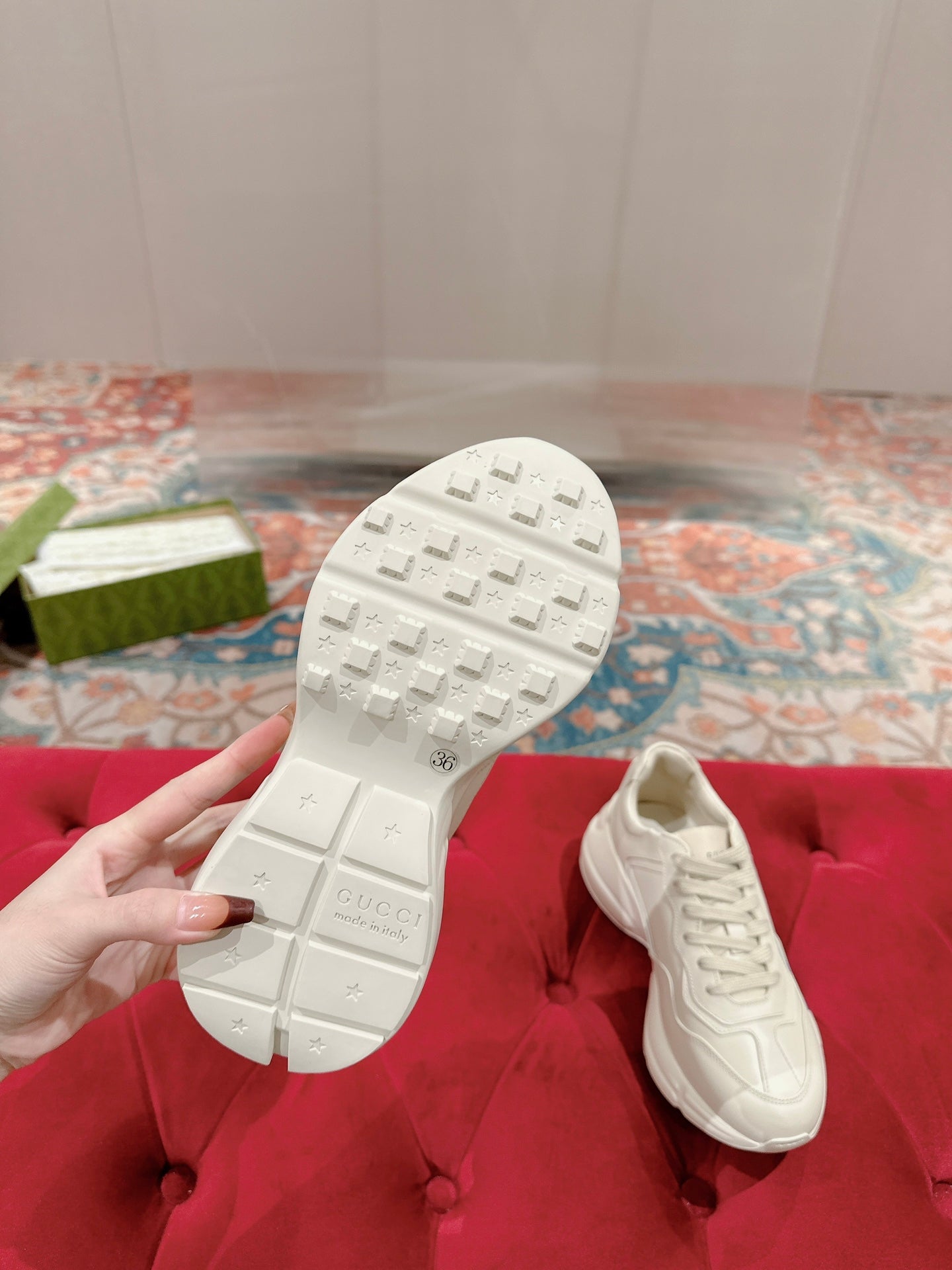 GUCCI RHYTON TRAINER WHITE CALFSKIN WITH MULTI PATTERNS
