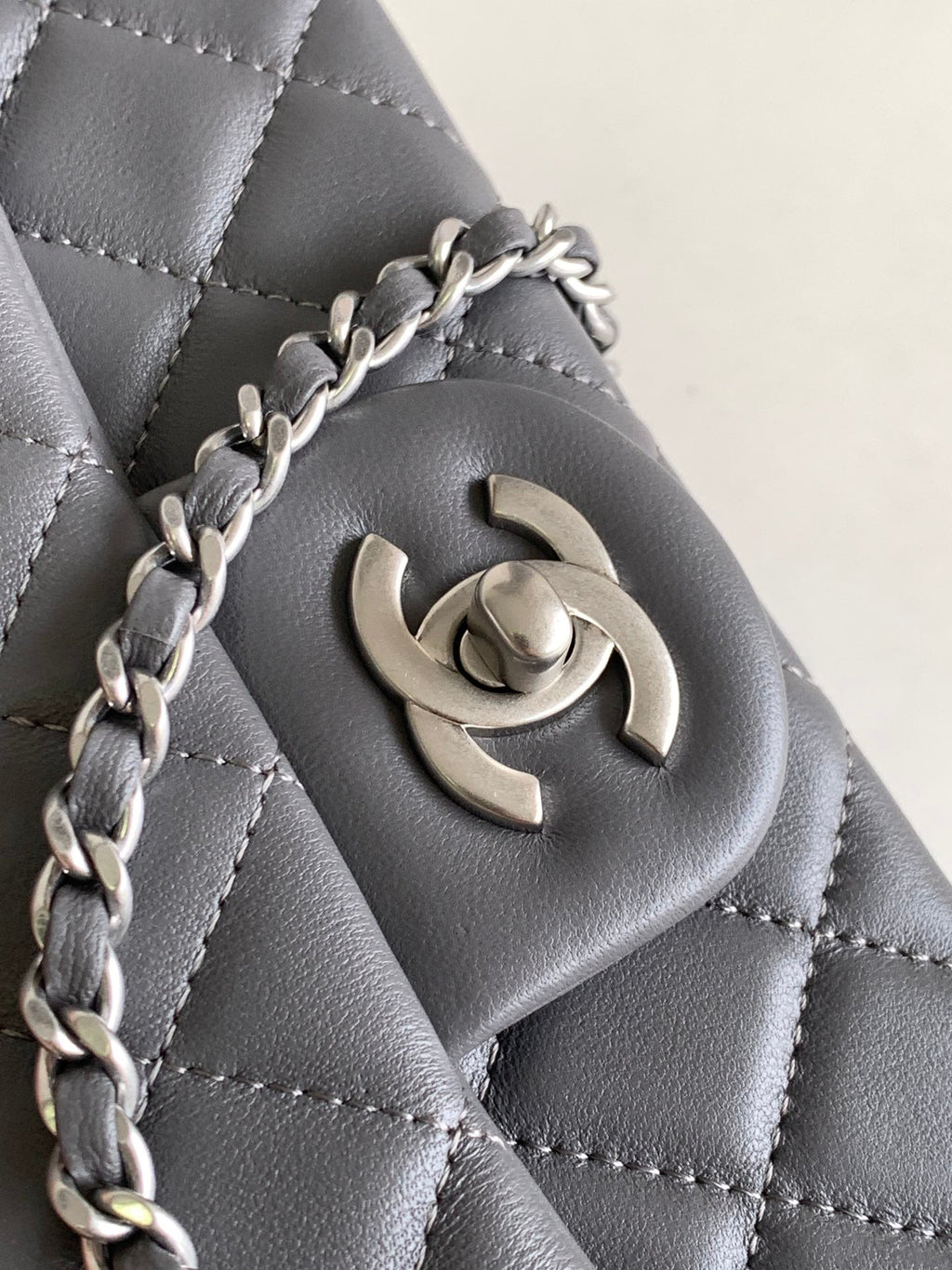CHANEL MINI 20 FLAP BAG IN DARK GREY CALFSKIN