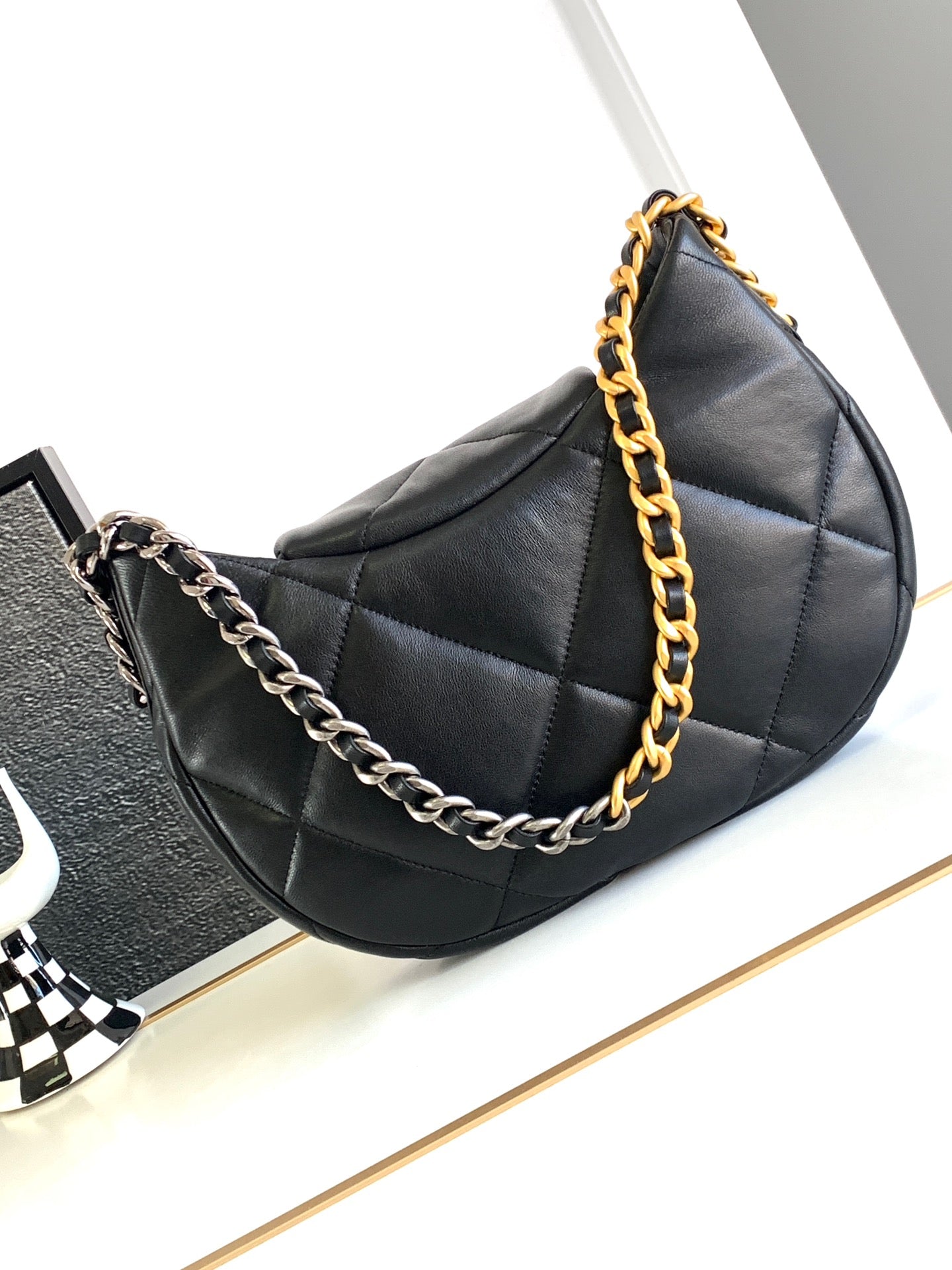 CHANEL LARGE 30 HOBO BAG IN BLACK CALFSKIN MIX METAL HARDWARE