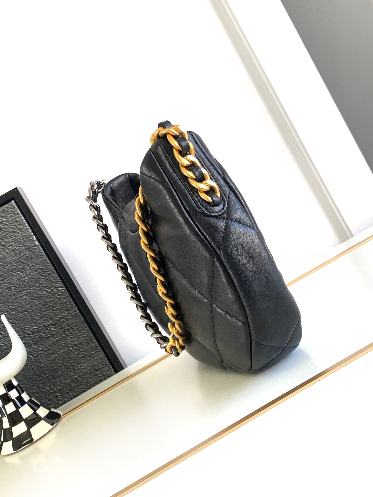 CHANEL LARGE 30 HOBO BAG IN BLACK CALFSKIN MIX METAL HARDWARE