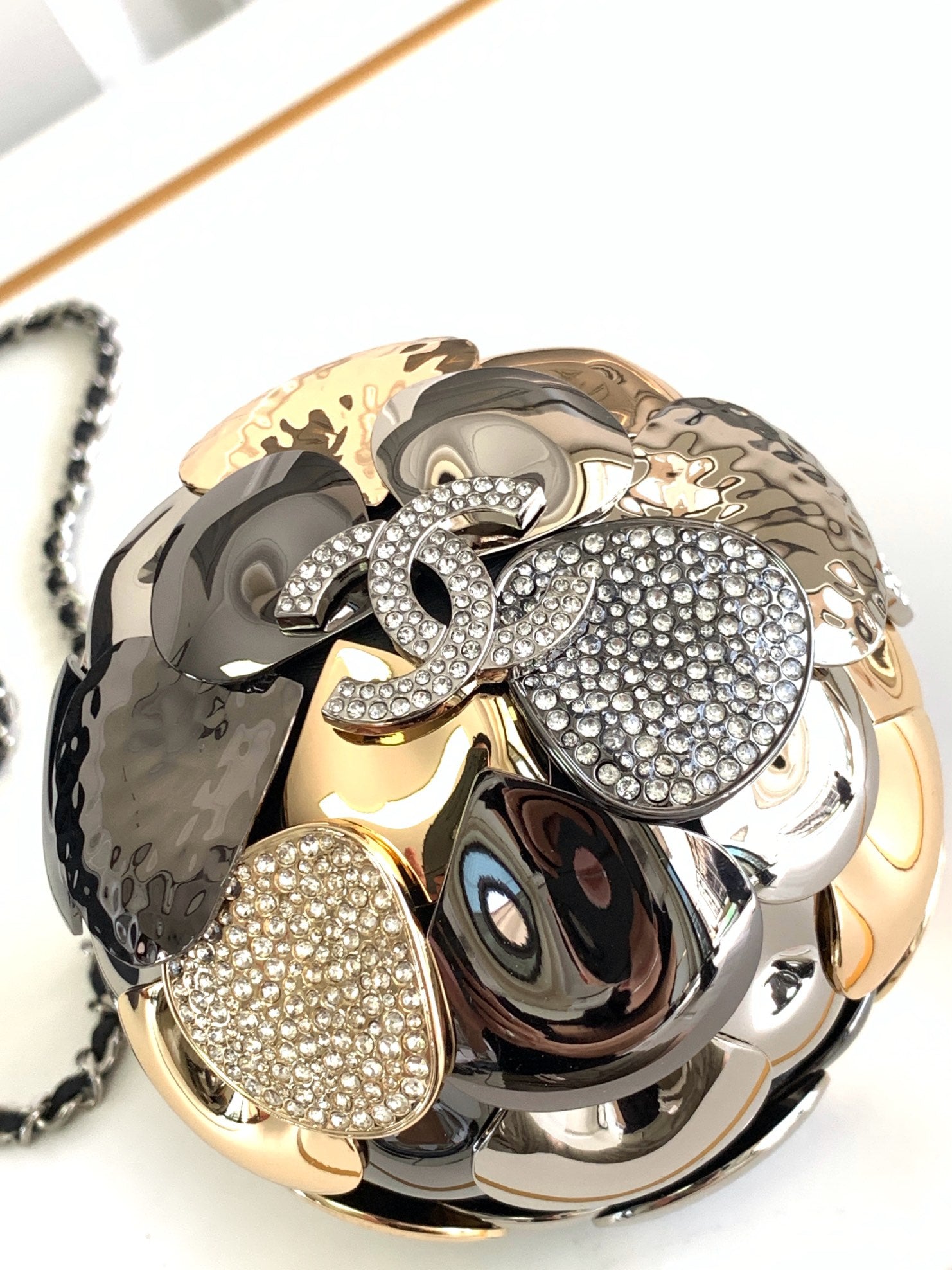 CHANEL EVENING BAG 9 GOLD SILVER RUTHENIUM METAL WITH CRYSTAL