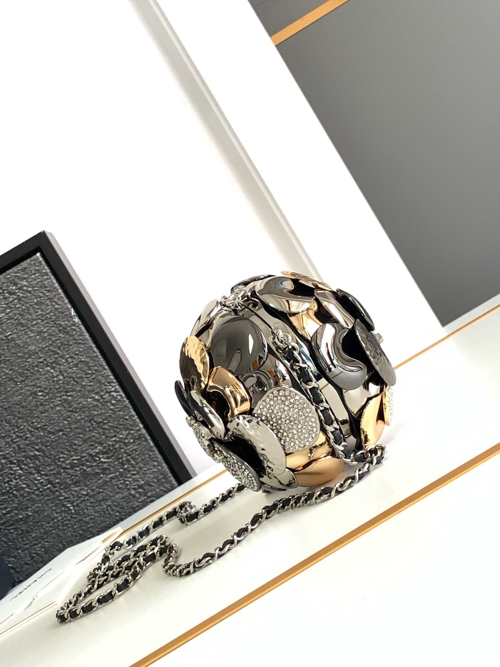 CHANEL EVENING BAG 9 GOLD SILVER RUTHENIUM METAL WITH CRYSTAL