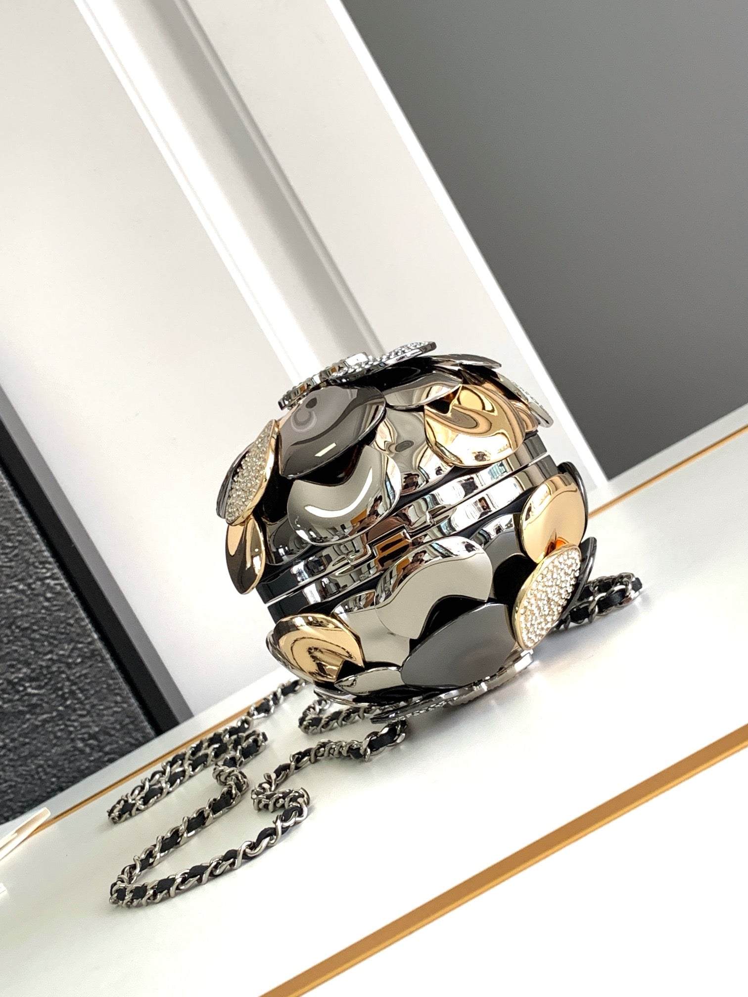 CHANEL EVENING BAG 9 GOLD SILVER RUTHENIUM METAL WITH CRYSTAL
