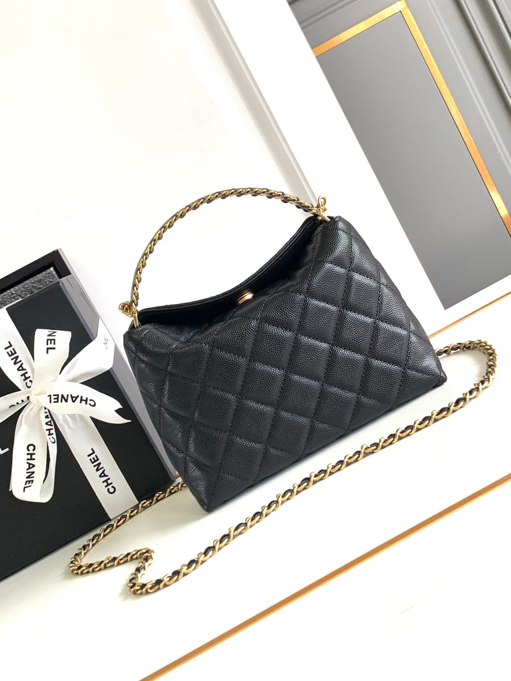 CHANEL MINI 19 CLUTCH WITH STRAP IN BLACK CALFSKIN