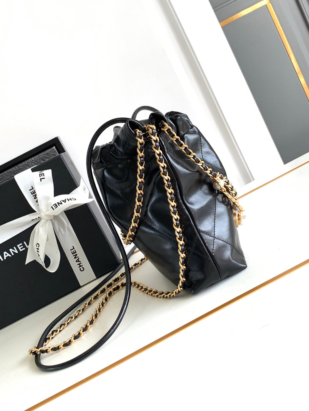 CHANEL MINI 20 BAG IN BLACK SHINNY CALFSKIN WITH GOLD METAL