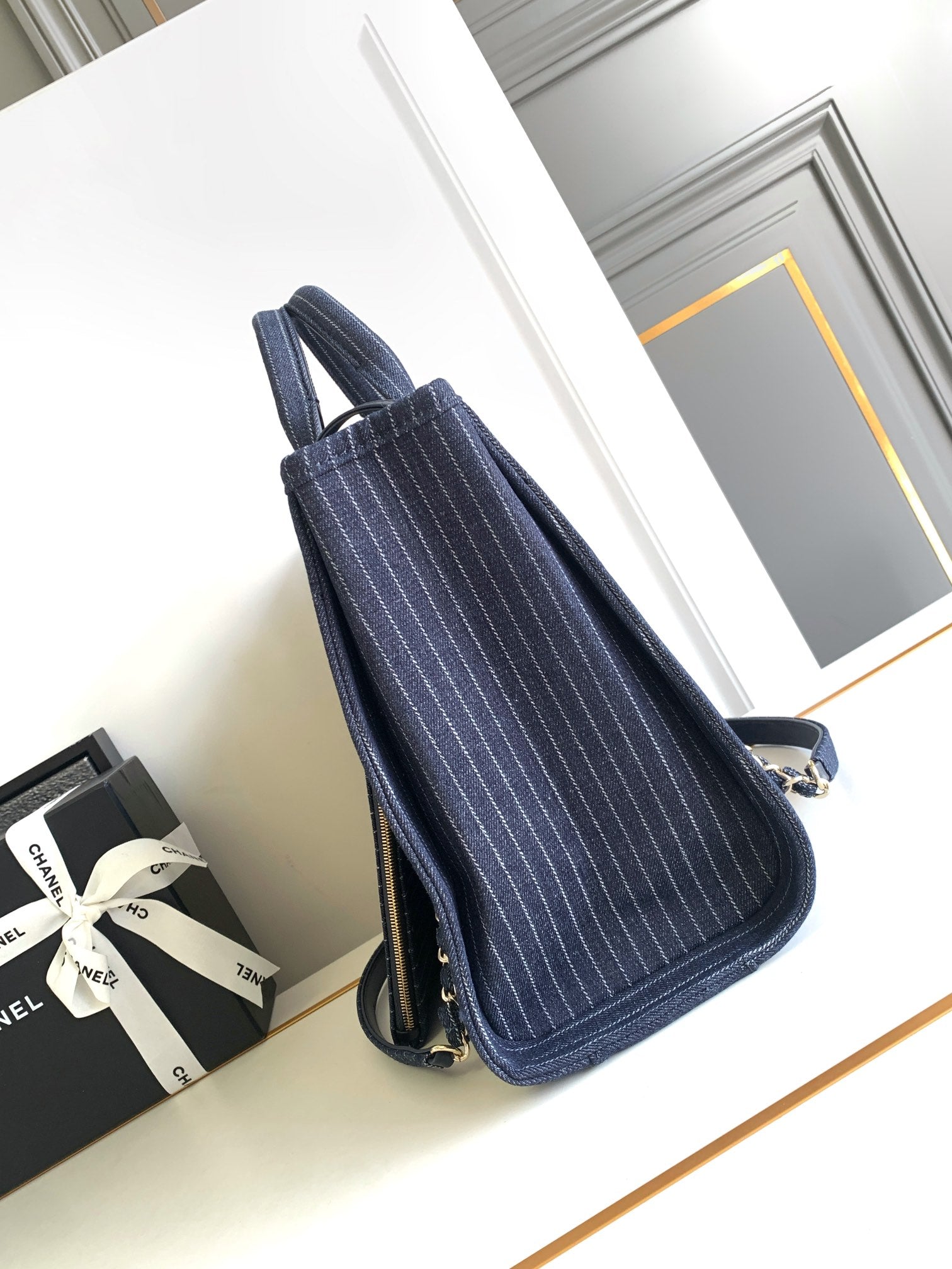CHANEL 25S TOTE BAG 32 CM IN NAVY BLUE CANVAS