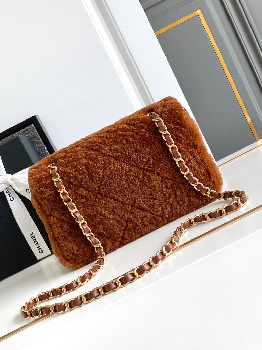 CHANEL 25S FLAP BAG 23.5 CM IN BROWN WOOL AND LAMBSKIN