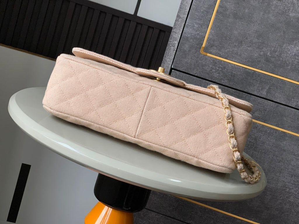 CHANEL 25S CLASSIC FLAP 26 CM IN LIGHT BEIGE CANVAS EMBROIDERED MOTIF WITH GOLD HARDWARE