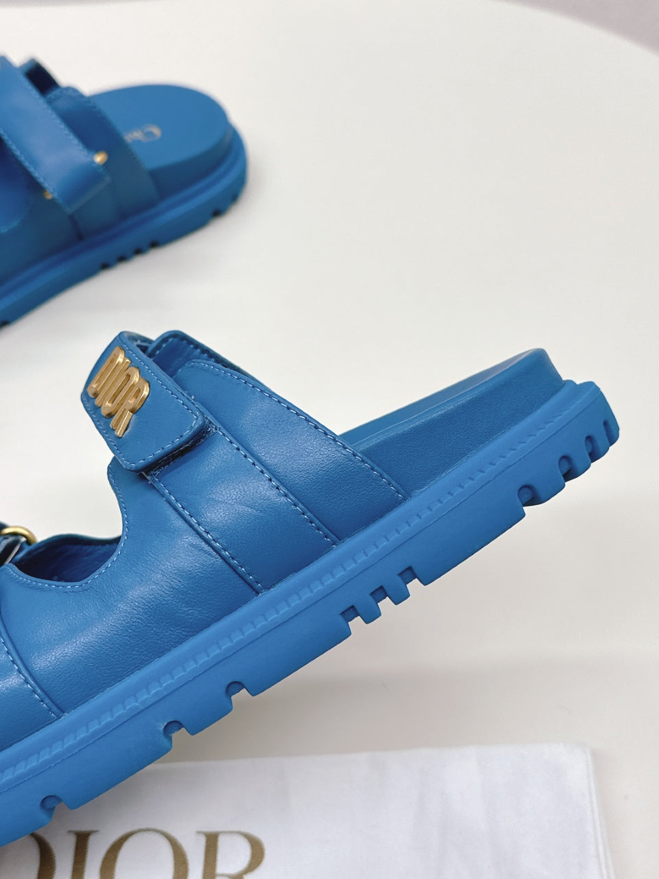 DIOR CLASSIC DOUBLE-STRAP SLIDES 25S IN OCEAN BLUE CALFSKIN