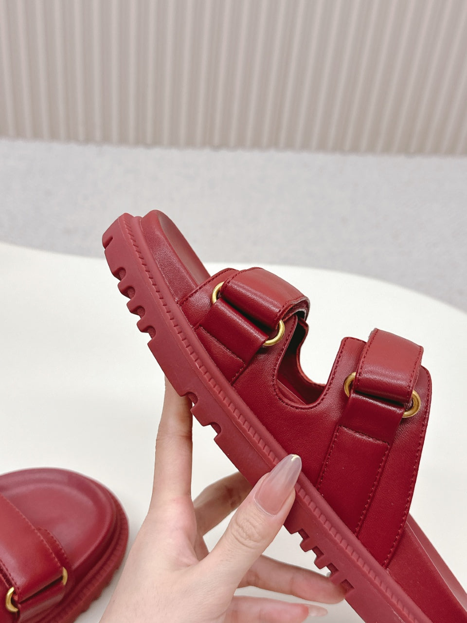 DIOR CLASSIC DOUBLE-STRAP SLIDES 25S IN DARK RED CALFSKIN