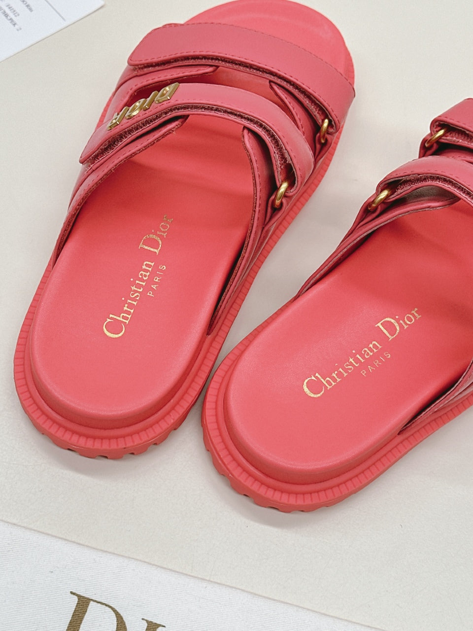 DIOR CLASSIC DOUBLE-STRAP SLIDES 25S IN STRAWBERRY PINK CALFSKIN