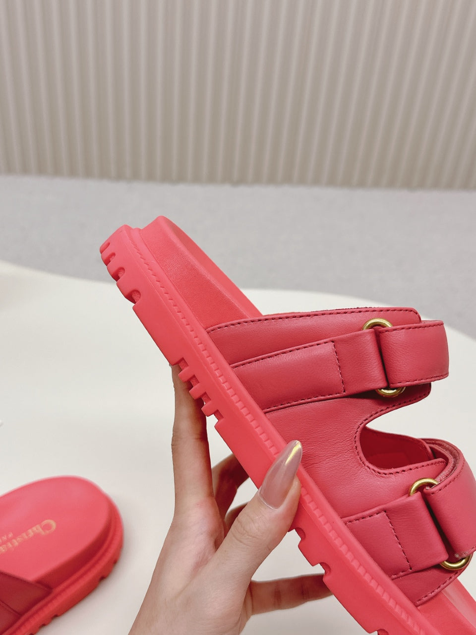 DIOR CLASSIC DOUBLE-STRAP SLIDES 25S IN STRAWBERRY PINK CALFSKIN