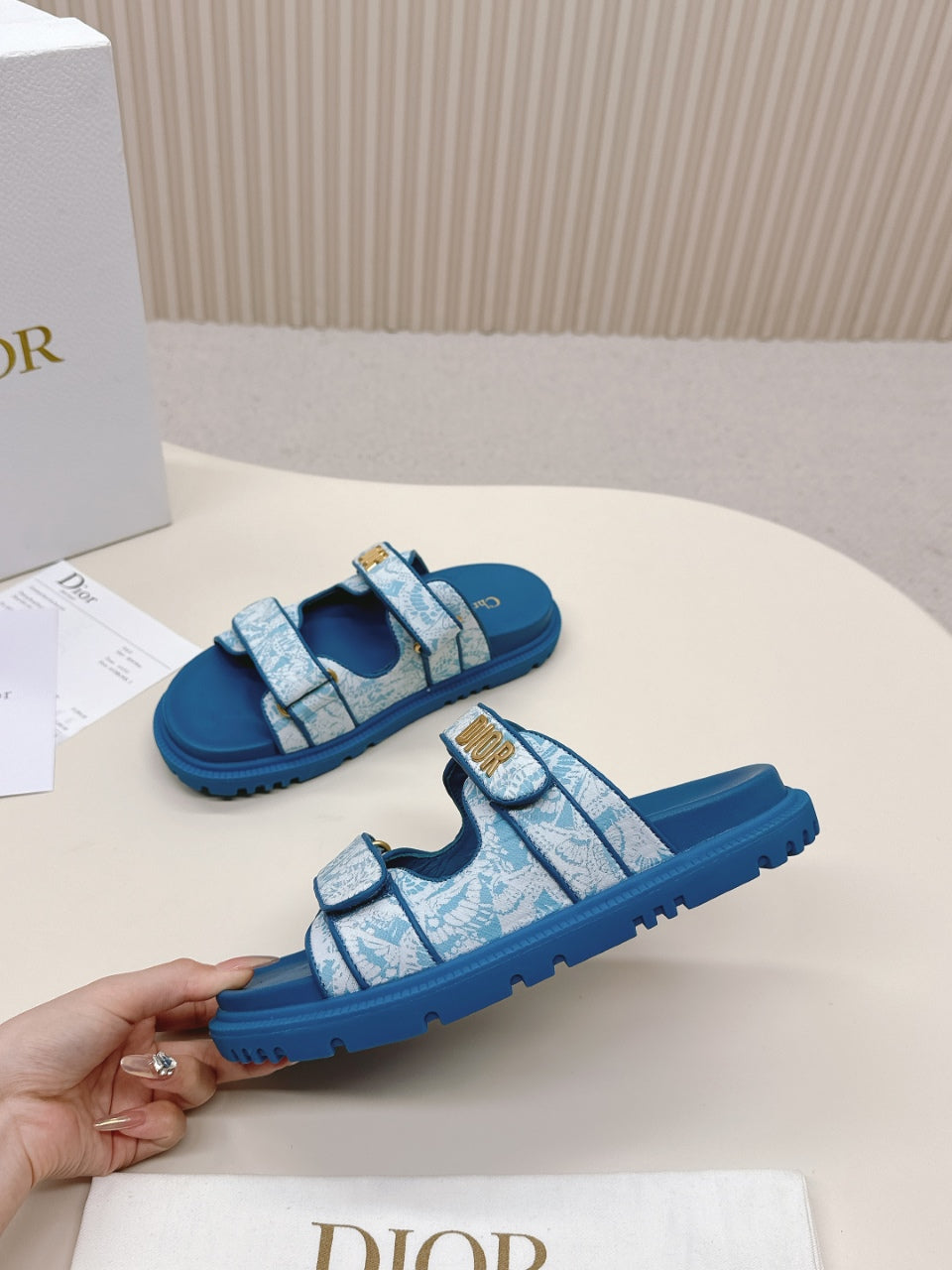DIOR CLASSIC DOUBLE-STRAP SLIDES 25S IN OCEAN BLUE FABRIC AND CALFSKIN