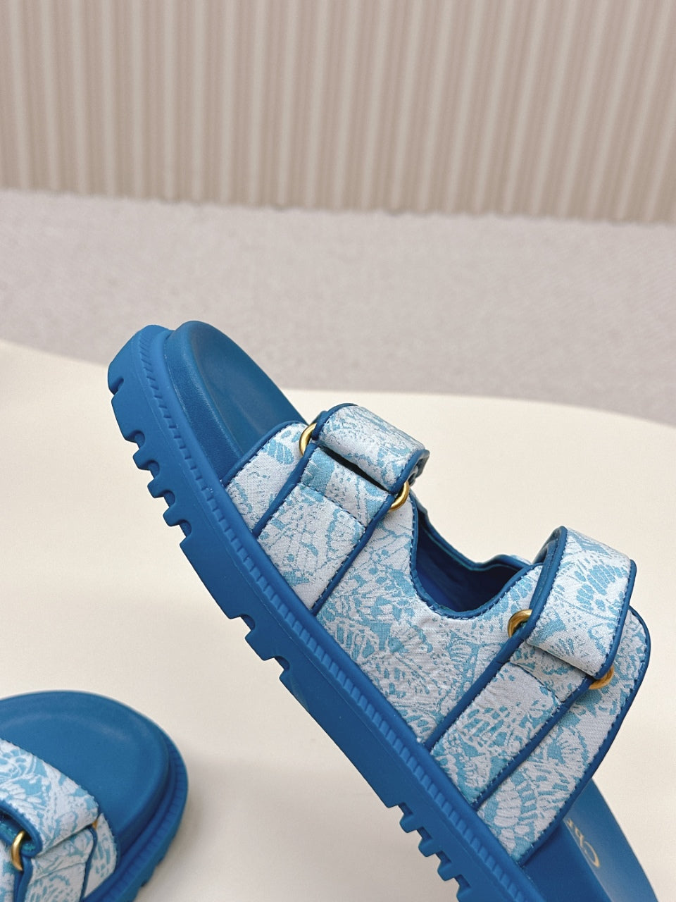 DIOR CLASSIC DOUBLE-STRAP SLIDES 25S IN OCEAN BLUE FABRIC AND CALFSKIN