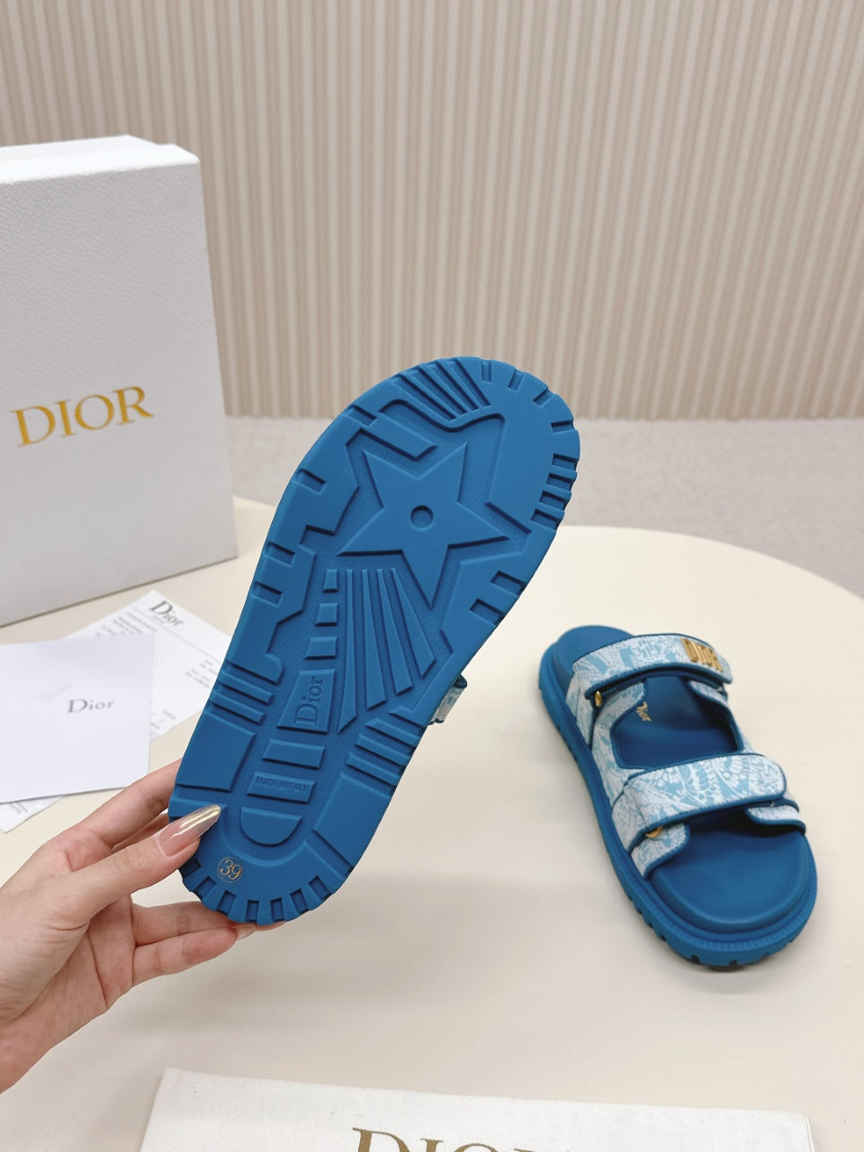 DIOR CLASSIC DOUBLE-STRAP SLIDES 25S IN OCEAN BLUE FABRIC AND CALFSKIN