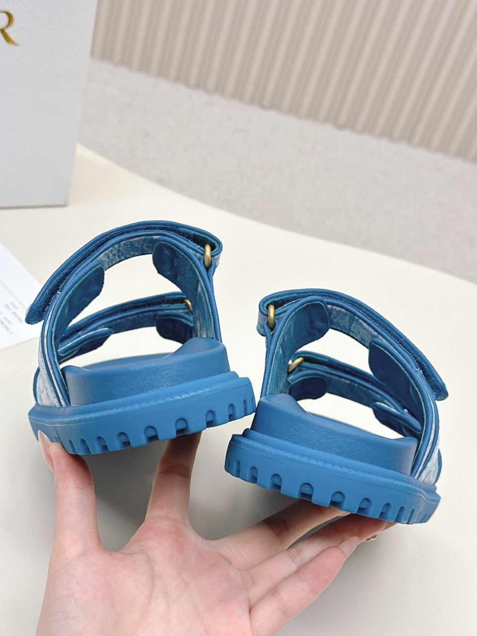 DIOR CLASSIC DOUBLE-STRAP SLIDES 25S IN OCEAN BLUE FABRIC AND CALFSKIN