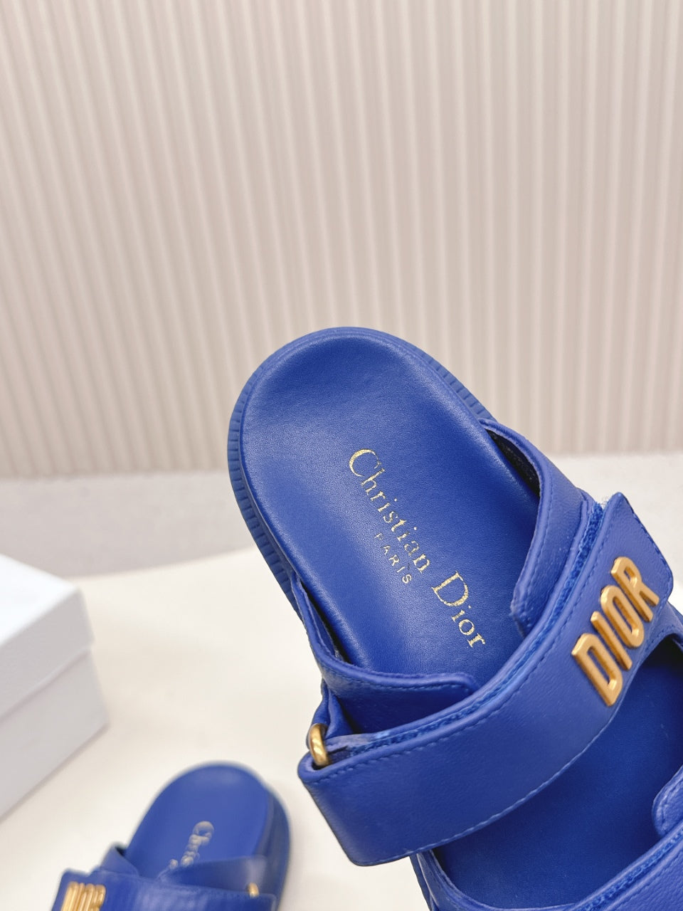 DIOR CLASSIC DOUBLE-STRAP SLIDES 25S IN NAVY BLUE CALFSKIN