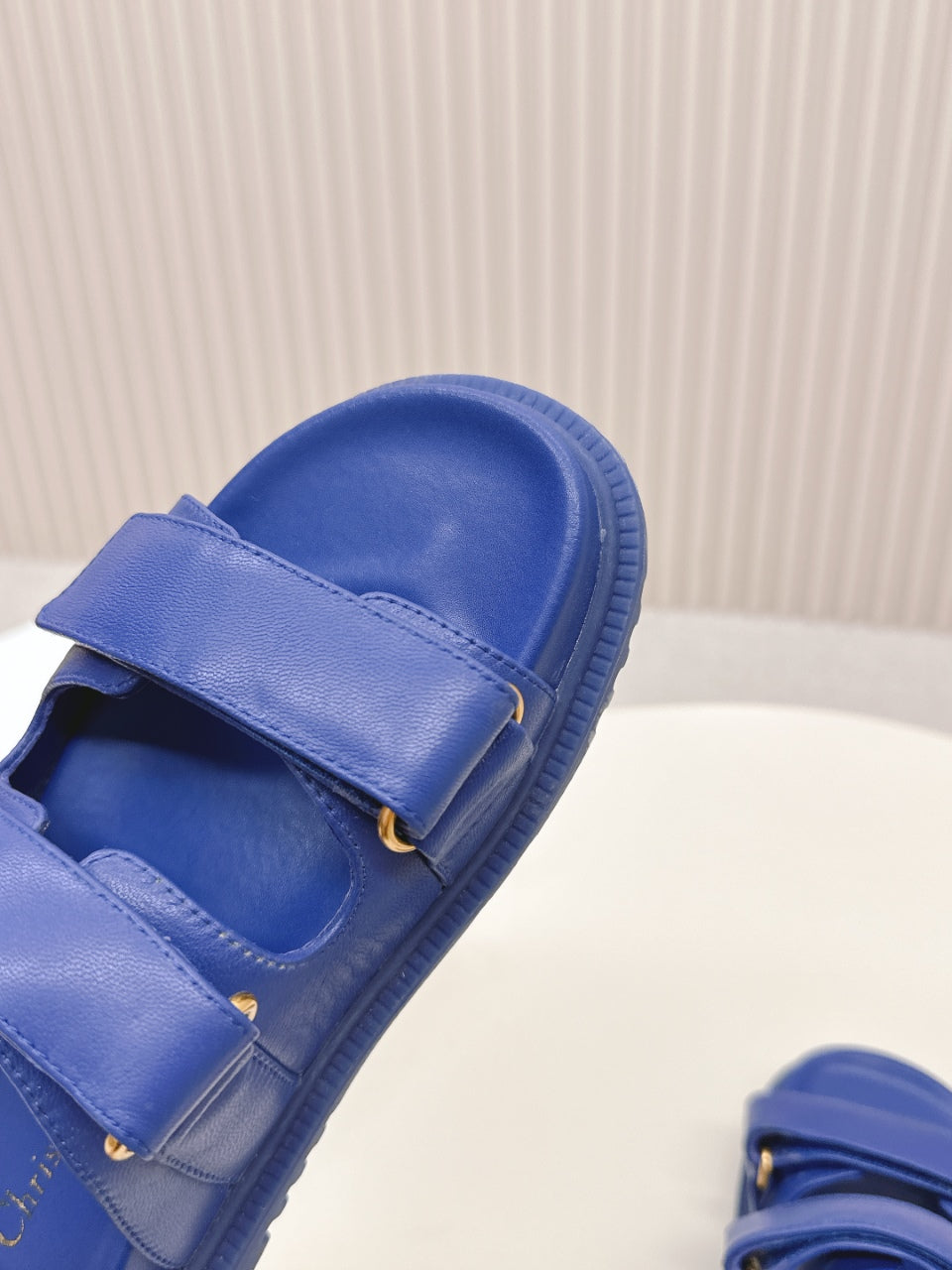 DIOR CLASSIC DOUBLE-STRAP SLIDES 25S IN NAVY BLUE CALFSKIN