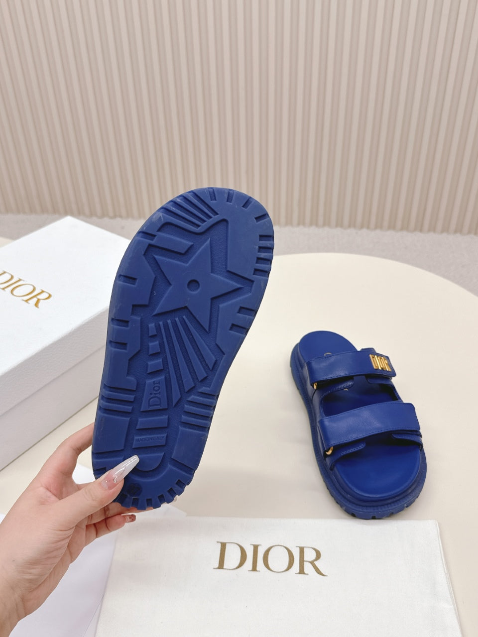 DIOR CLASSIC DOUBLE-STRAP SLIDES 25S IN NAVY BLUE CALFSKIN