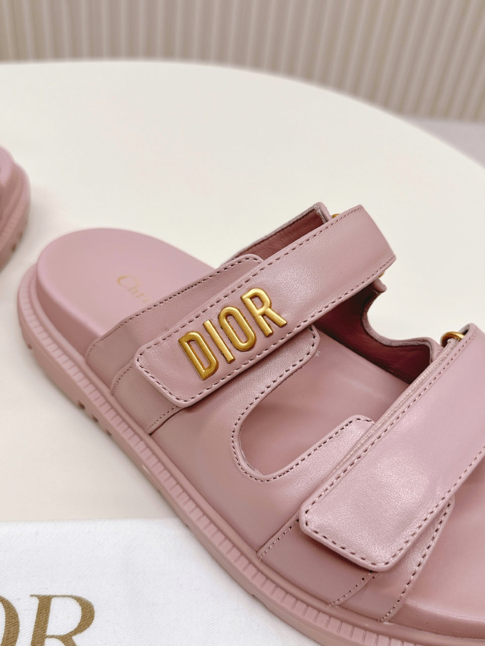 DIOR CLASSIC DOUBLE-STRAP SLIDES 25S IN BABY PINK CALFSKIN
