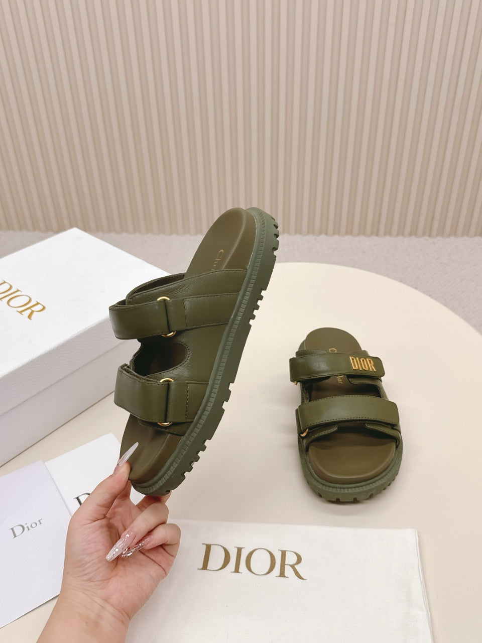 DIOR CLASSIC DOUBLE-STRAP SLIDES 25S IN MOSS GREEN CALFSKIN