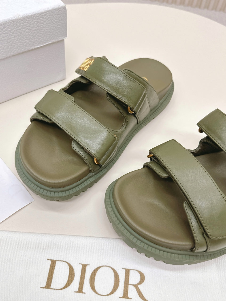 DIOR CLASSIC DOUBLE-STRAP SLIDES 25S IN MOSS GREEN CALFSKIN