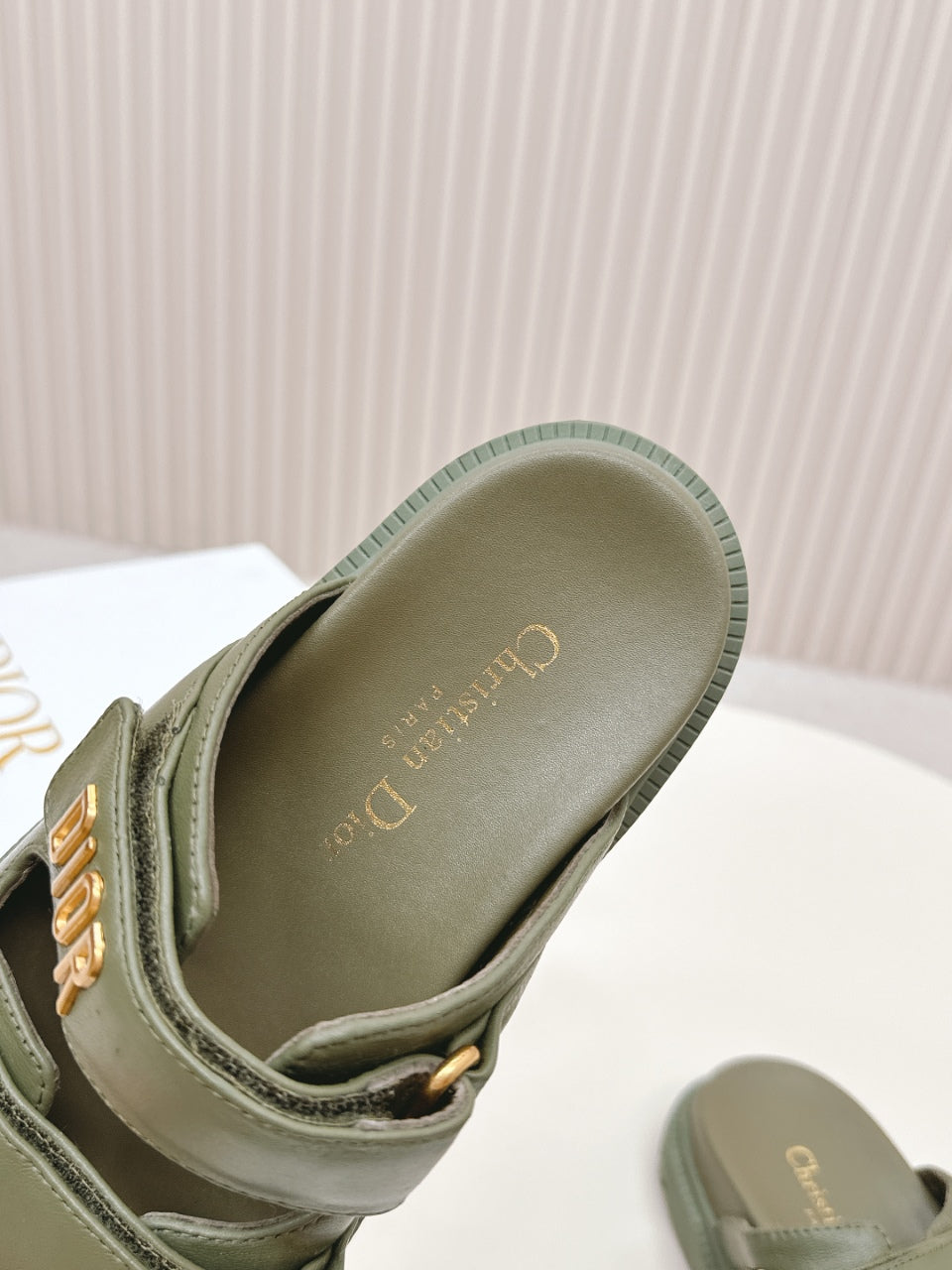 DIOR CLASSIC DOUBLE-STRAP SLIDES 25S IN MOSS GREEN CALFSKIN