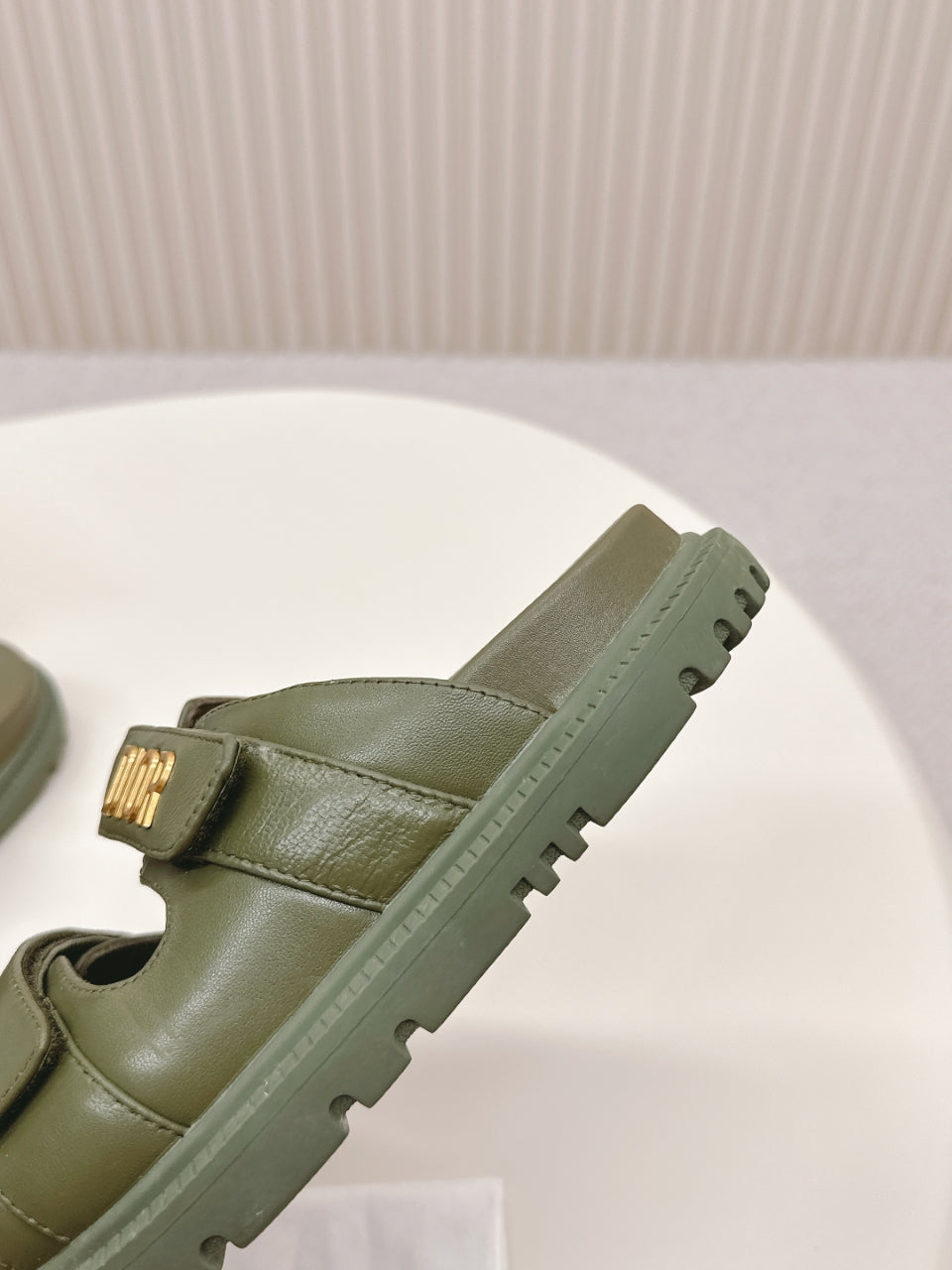 DIOR CLASSIC DOUBLE-STRAP SLIDES 25S IN MOSS GREEN CALFSKIN