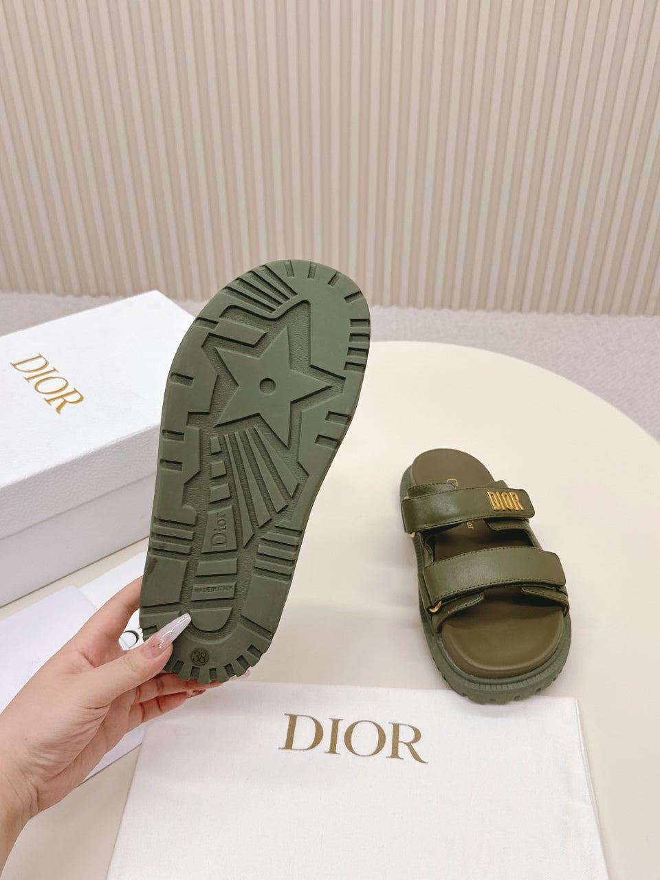 DIOR CLASSIC DOUBLE-STRAP SLIDES 25S IN MOSS GREEN CALFSKIN