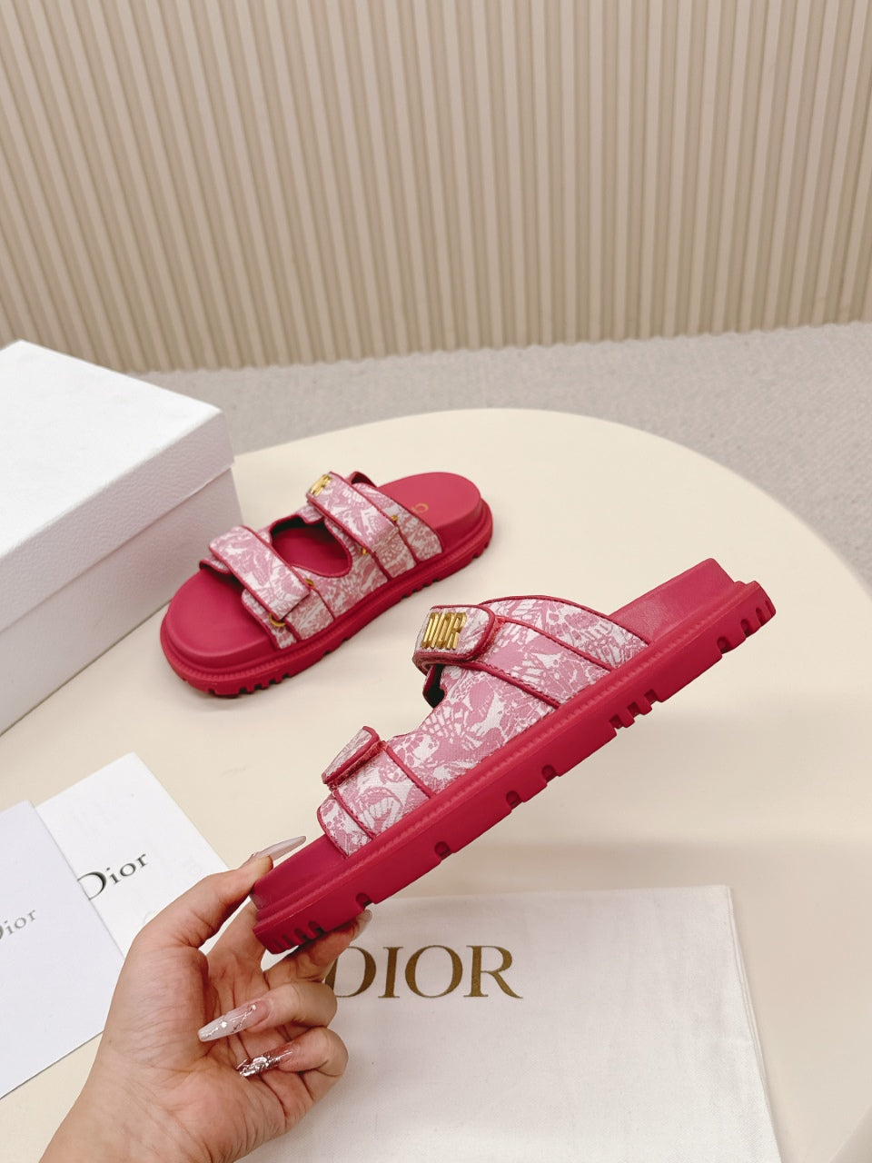 DIOR CLASSIC DOUBLE-STRAP SLIDES 25S IN DARK PINK FABRIC AND CALFSKIN
