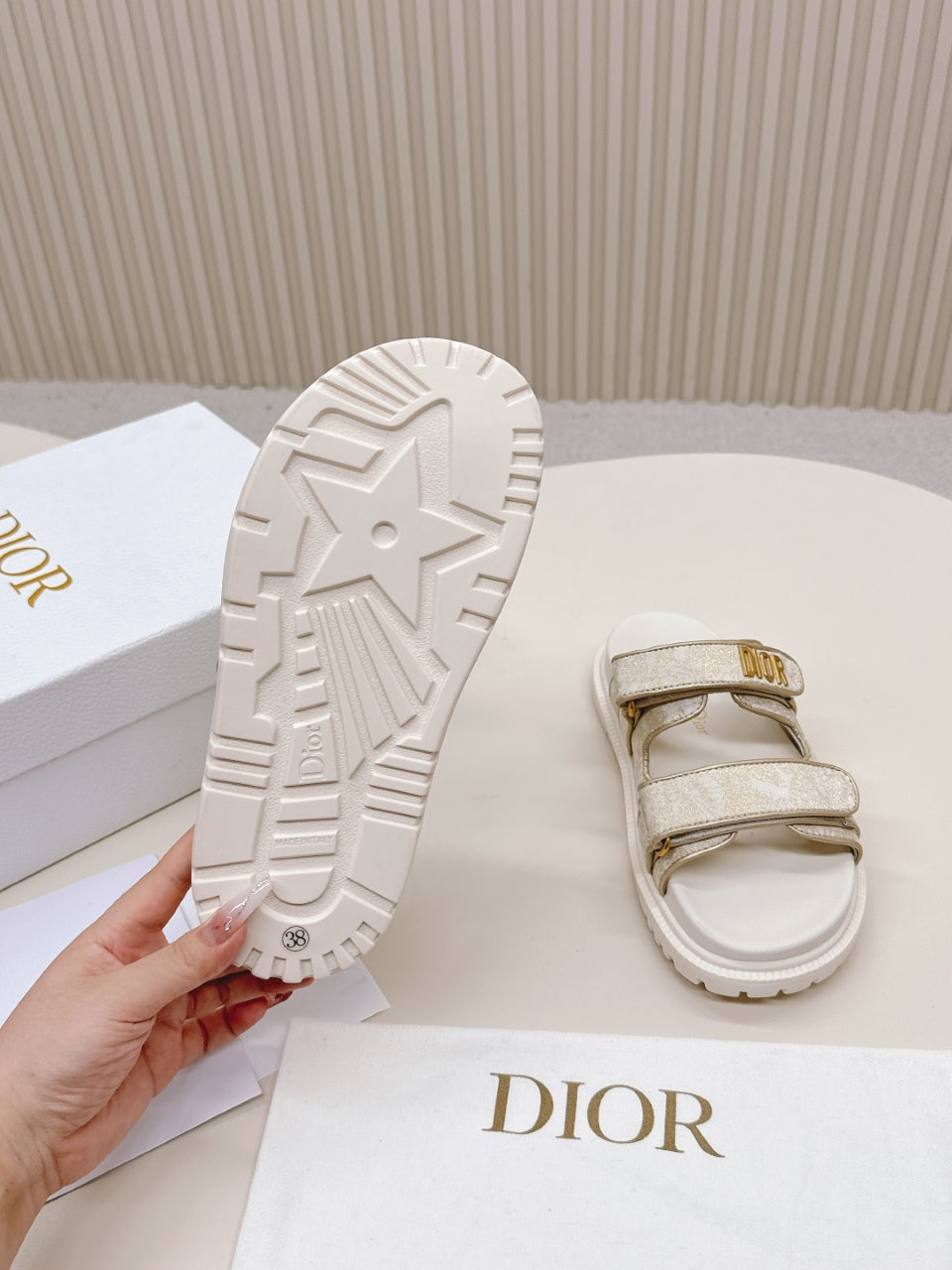 DIOR CLASSIC DOUBLE-STRAP SLIDES 25S IN WHITE MIX BEIGE FABRIC AND CALFSKIN