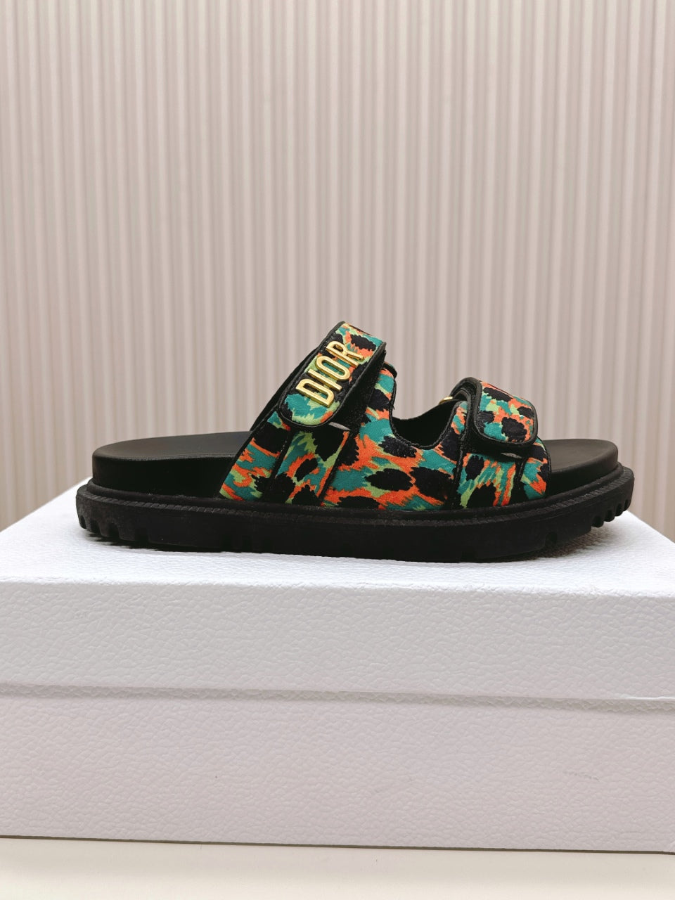 DIOR CLASSIC DOUBLE-STRAP SLIDES 25S IN MULTICOLOR FABRIC AND CALFSKIN
