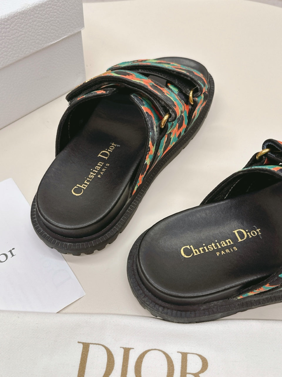 DIOR CLASSIC DOUBLE-STRAP SLIDES 25S IN MULTICOLOR FABRIC AND CALFSKIN