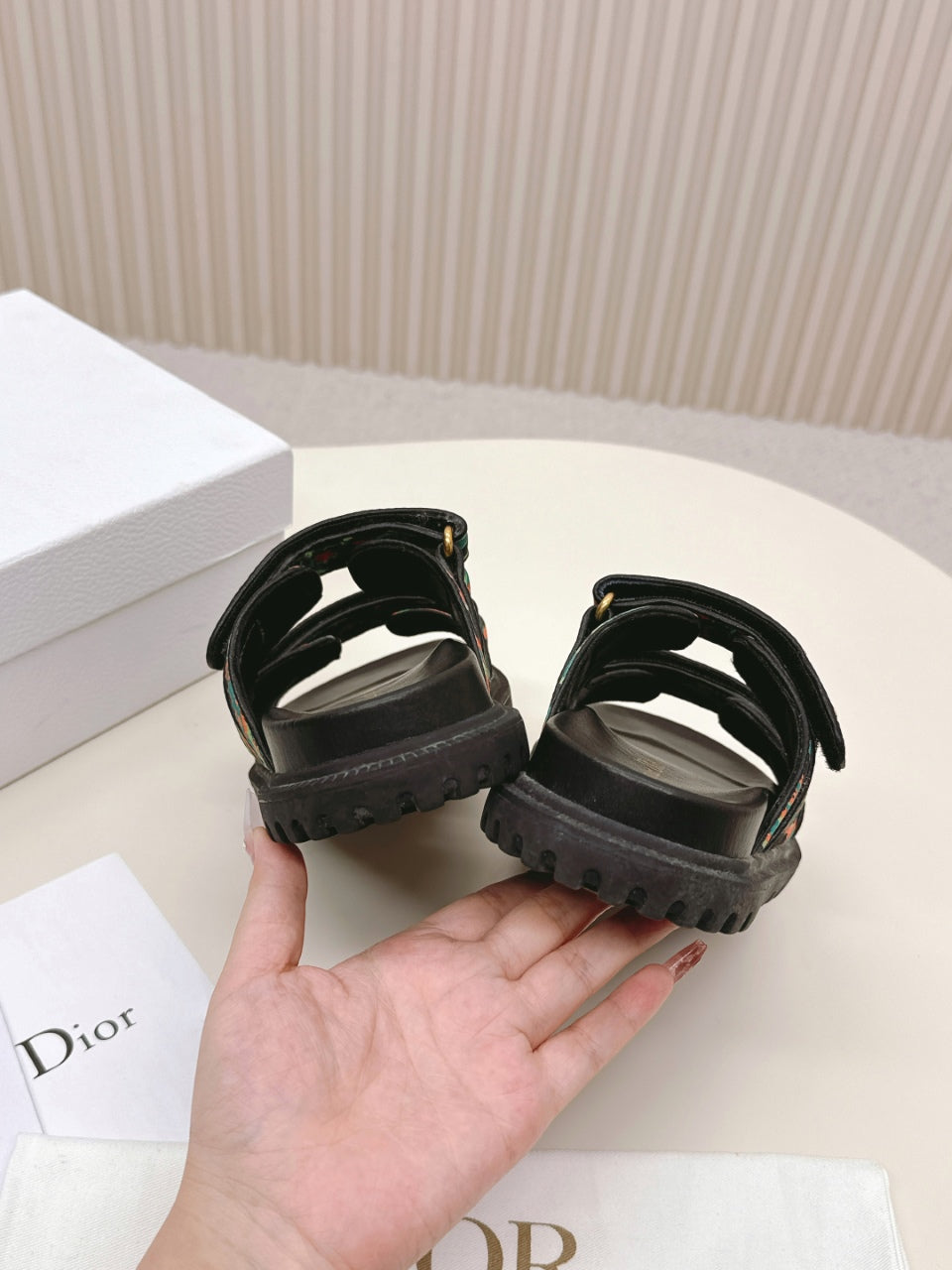 DIOR CLASSIC DOUBLE-STRAP SLIDES 25S IN MULTICOLOR FABRIC AND CALFSKIN