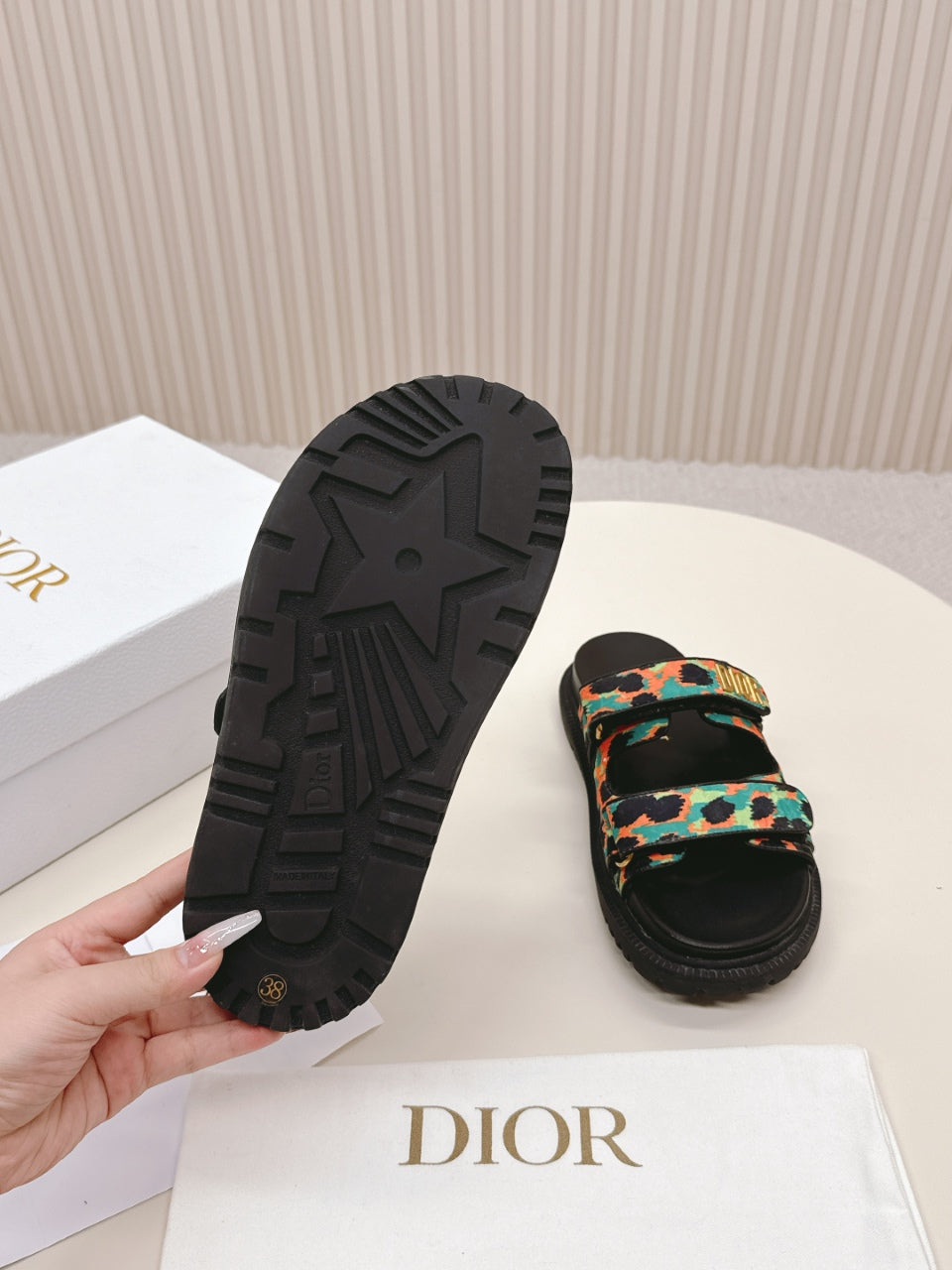 DIOR CLASSIC DOUBLE-STRAP SLIDES 25S IN MULTICOLOR FABRIC AND CALFSKIN
