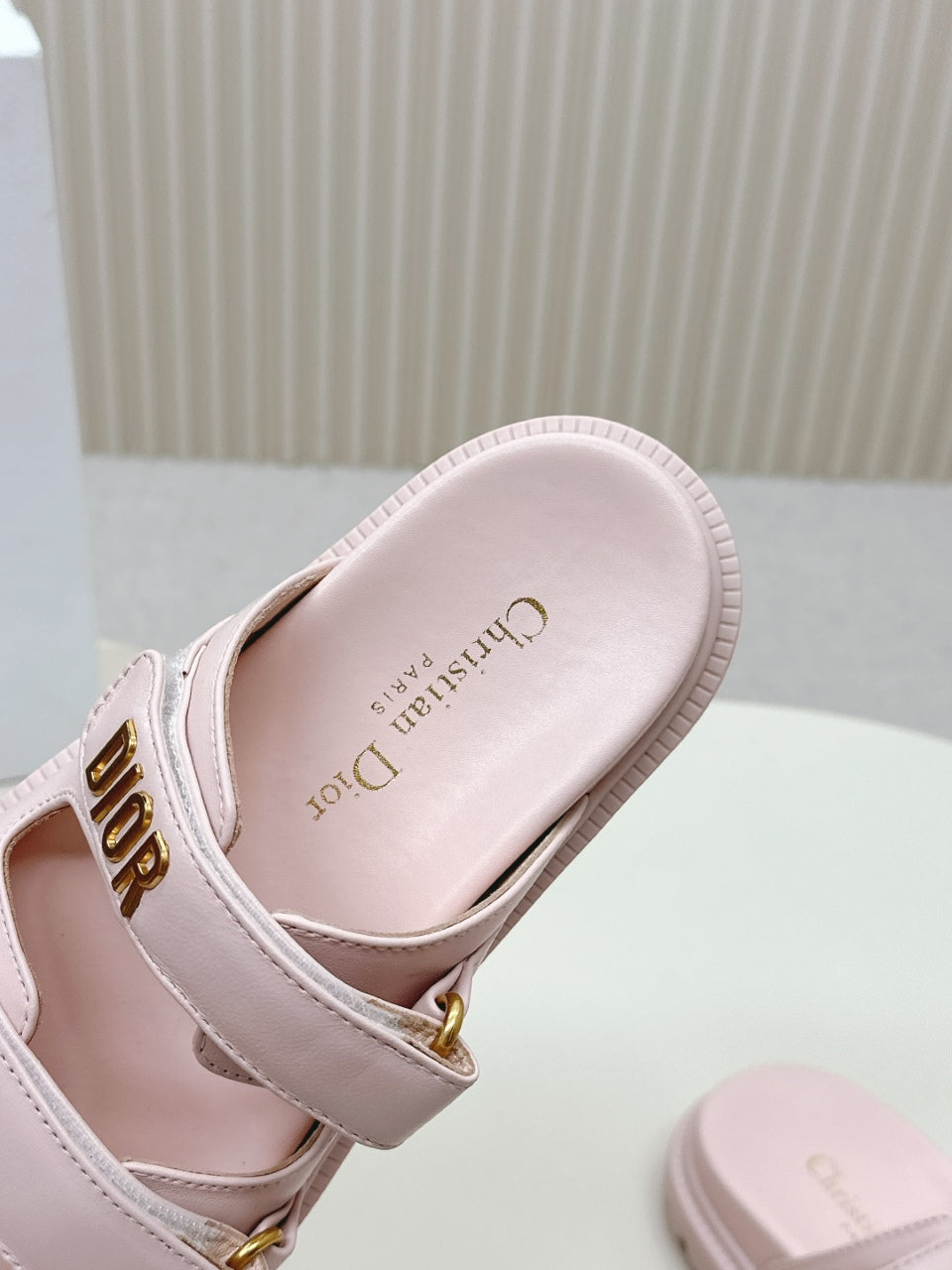 DIOR CLASSIC DOUBLE-STRAP SLIDES 25S IN PASTEL PINK CALFSKIN WITH GOLD HARDWARE