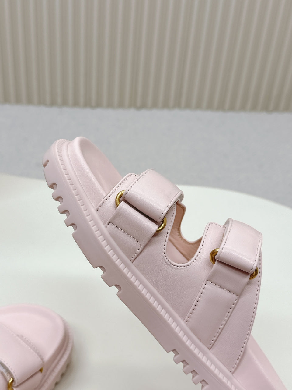 DIOR CLASSIC DOUBLE-STRAP SLIDES 25S IN PASTEL PINK CALFSKIN WITH GOLD HARDWARE