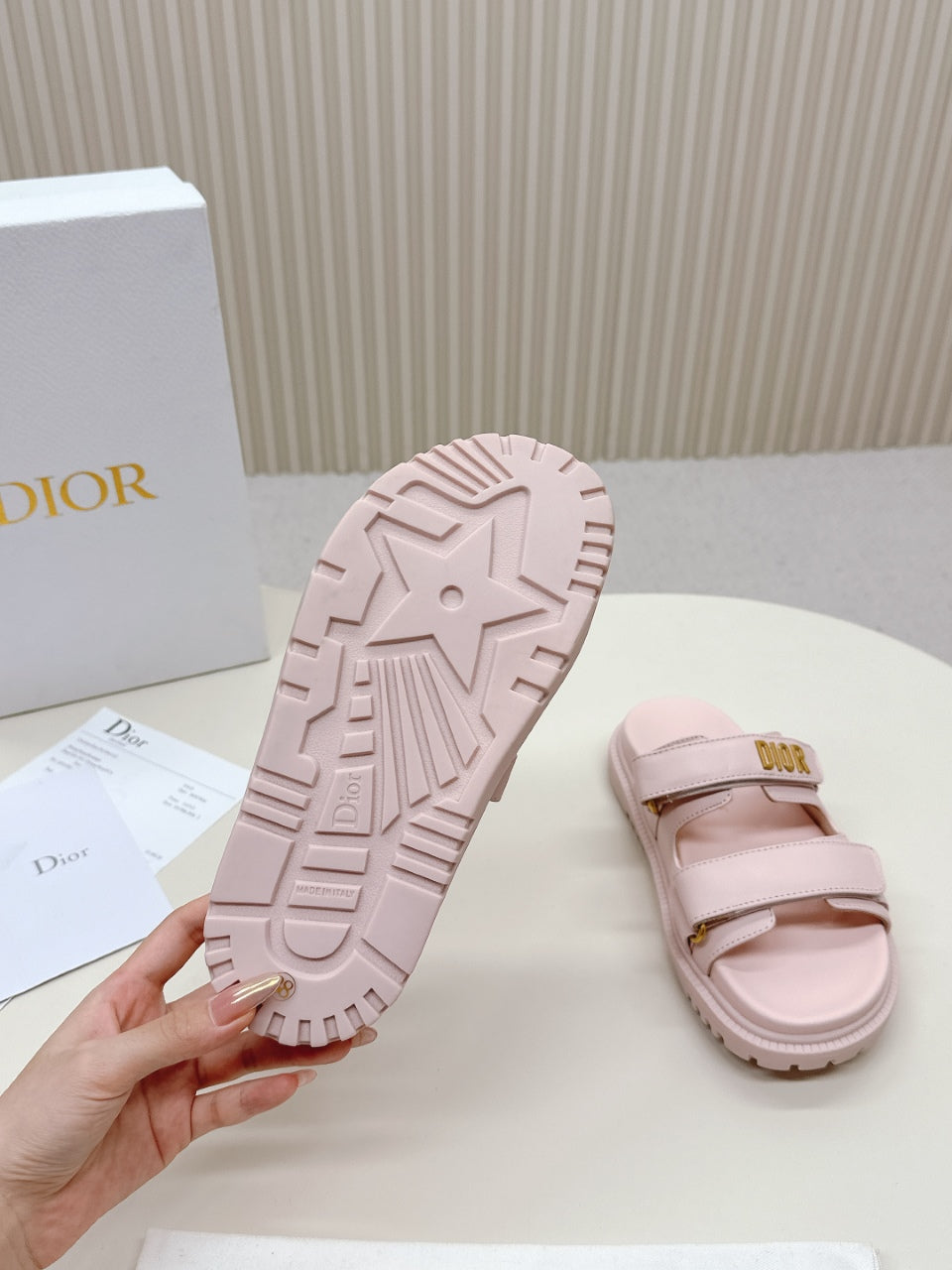 DIOR CLASSIC DOUBLE-STRAP SLIDES 25S IN PASTEL PINK CALFSKIN WITH GOLD HARDWARE