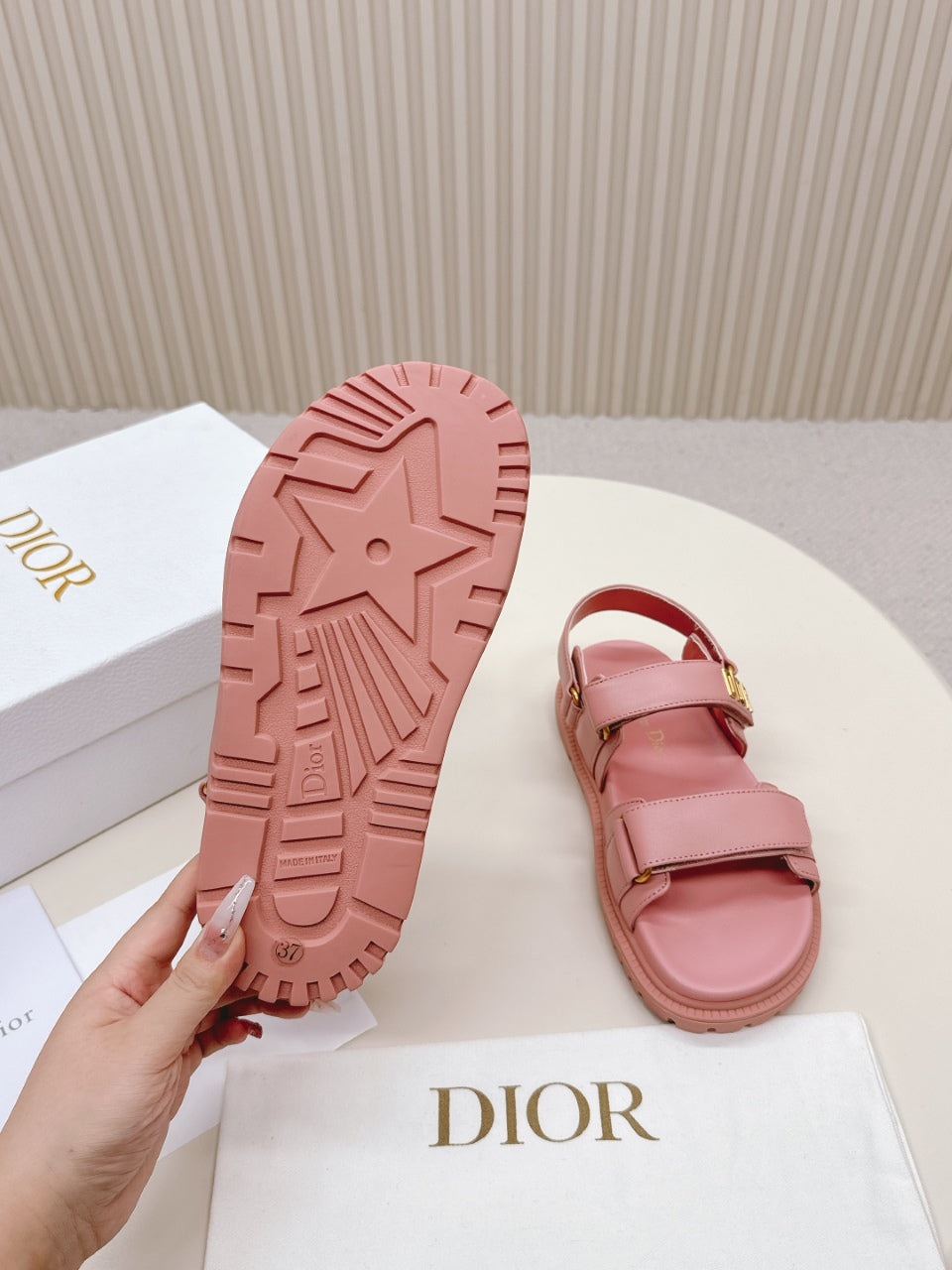 DIOR BACK-STRAP SANDALS 25S IN PEACHY PINK CALFSKIN WITH GOLD HARDWARE