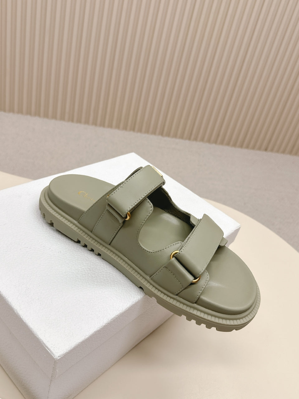 DIOR CLASSIC DOUBLE-STRAP SLIDES 25S IN LIGHT MOSS GREEN CALFSKIN