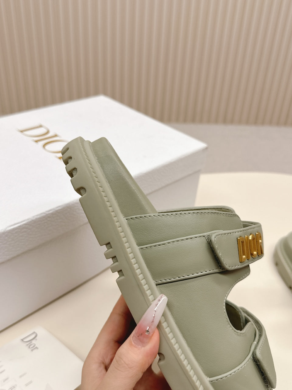 DIOR CLASSIC DOUBLE-STRAP SLIDES 25S IN LIGHT MOSS GREEN CALFSKIN