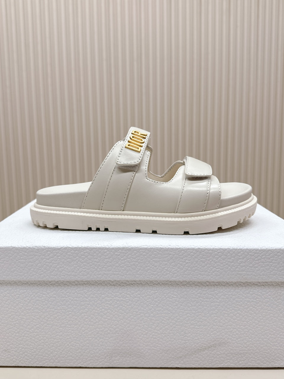 DIOR CLASSIC DOUBLE-STRAP SLIDES 25S IN CREAM WHITE CALFSKIN