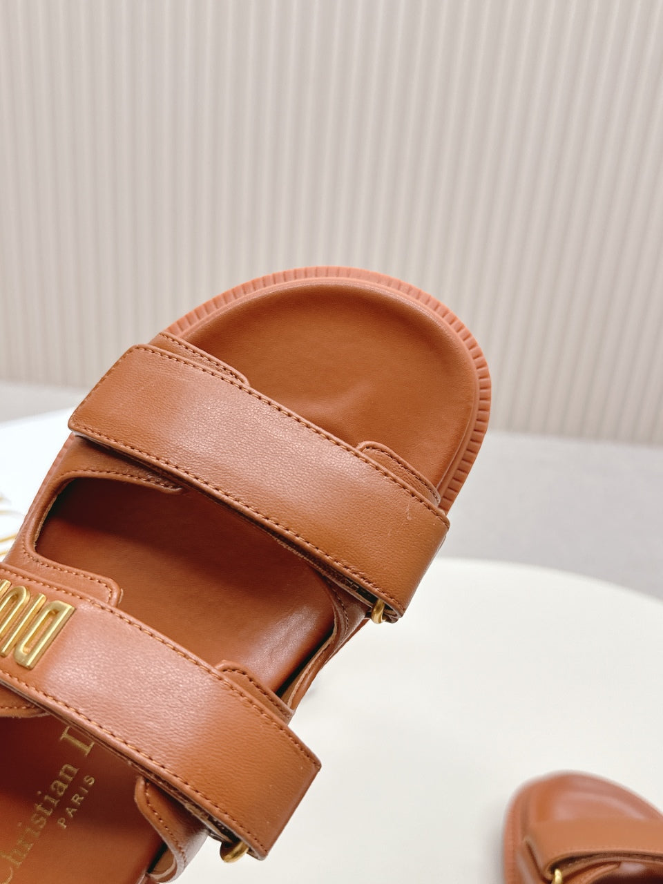 DIOR CLASSIC DOUBLE-STRAP SLIDES 25S IN BROWN CALFSKIN