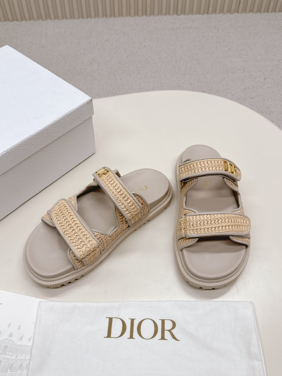 DIOR CLASSIC DOUBLE-STRAP SLIDES 25S IN BEIGE RAFFIA AND TAUPE BEIGE CALFSKIN