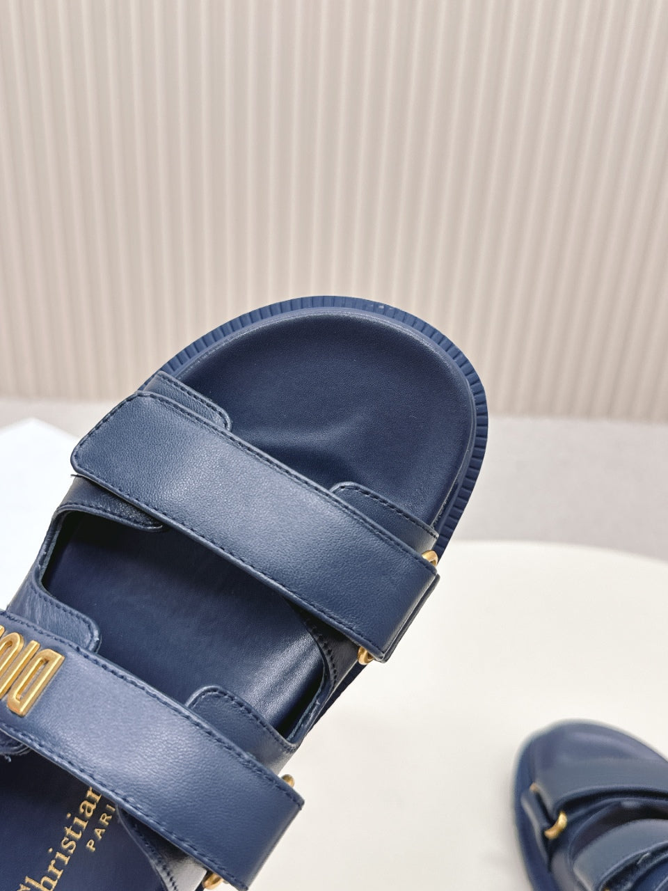 DIOR CLASSIC DOUBLE-STRAP SLIDES 25S IN MIDNIGHT BLUE CALFSKIN
