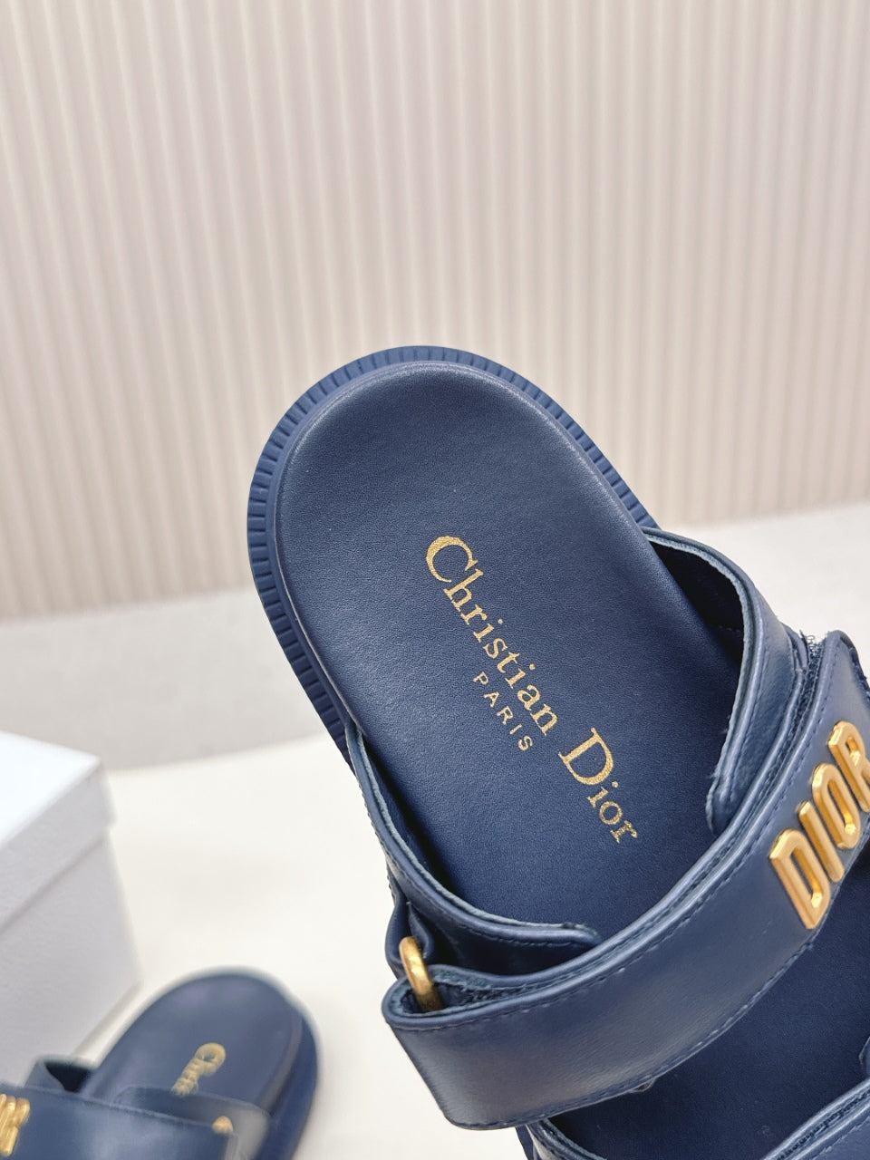 DIOR CLASSIC DOUBLE-STRAP SLIDES 25S IN MIDNIGHT BLUE CALFSKIN