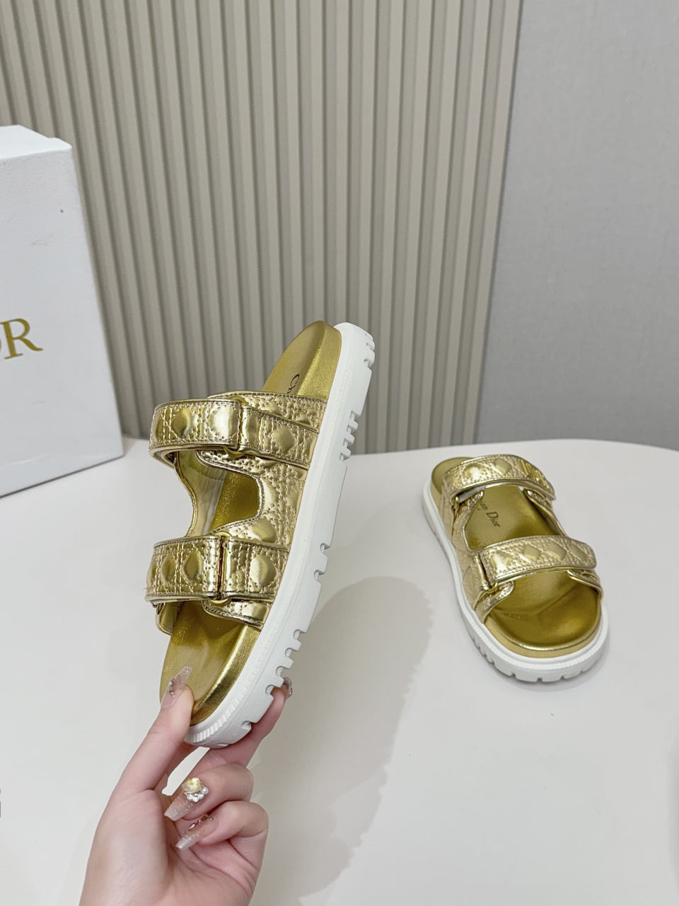 DIOR CLASSIC DOUBLE-STRAP SLIDES 25S IN GOLD CALFSKIN