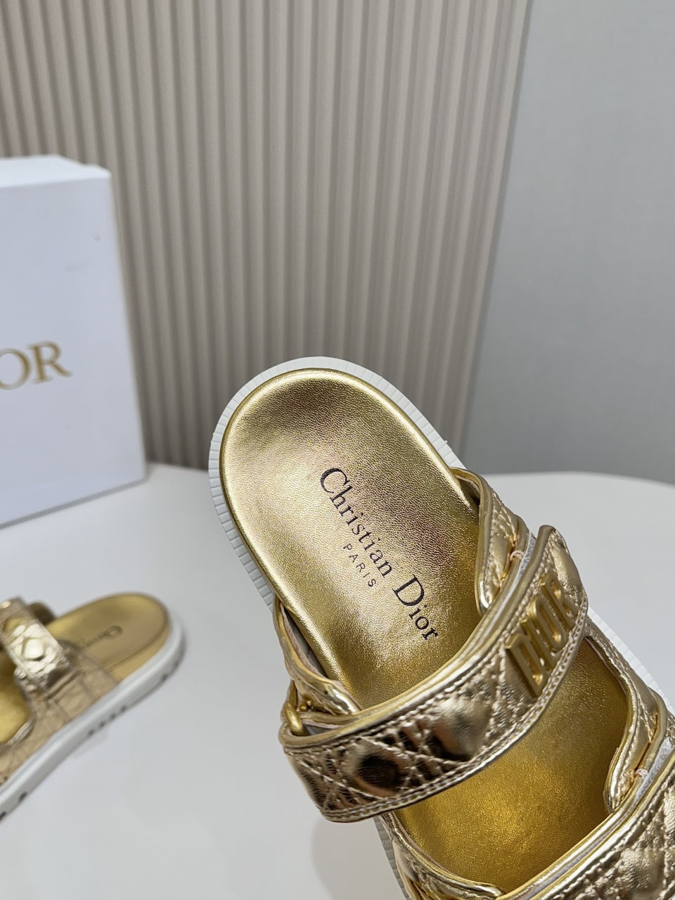 DIOR CLASSIC DOUBLE-STRAP SLIDES 25S IN GOLD CALFSKIN