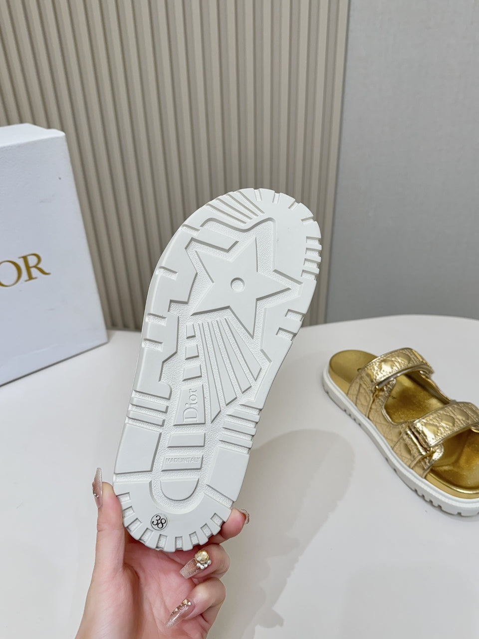 DIOR CLASSIC DOUBLE-STRAP SLIDES 25S IN GOLD CALFSKIN
